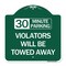 Signmission 30 Minute Parking Violators Will Towed Away, Green & White Aluminum Sign, 18" x 18", GW-1818-24563 A-DES-GW-1818-24563 - alternate 1